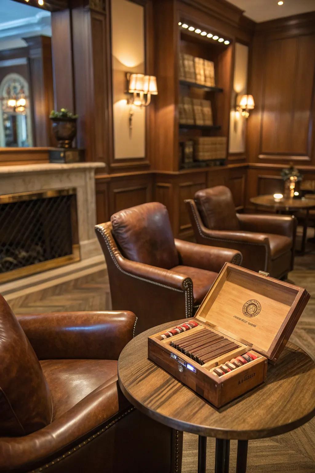 A cigar lounge corner introduces a sophisticated touch to the man cave.