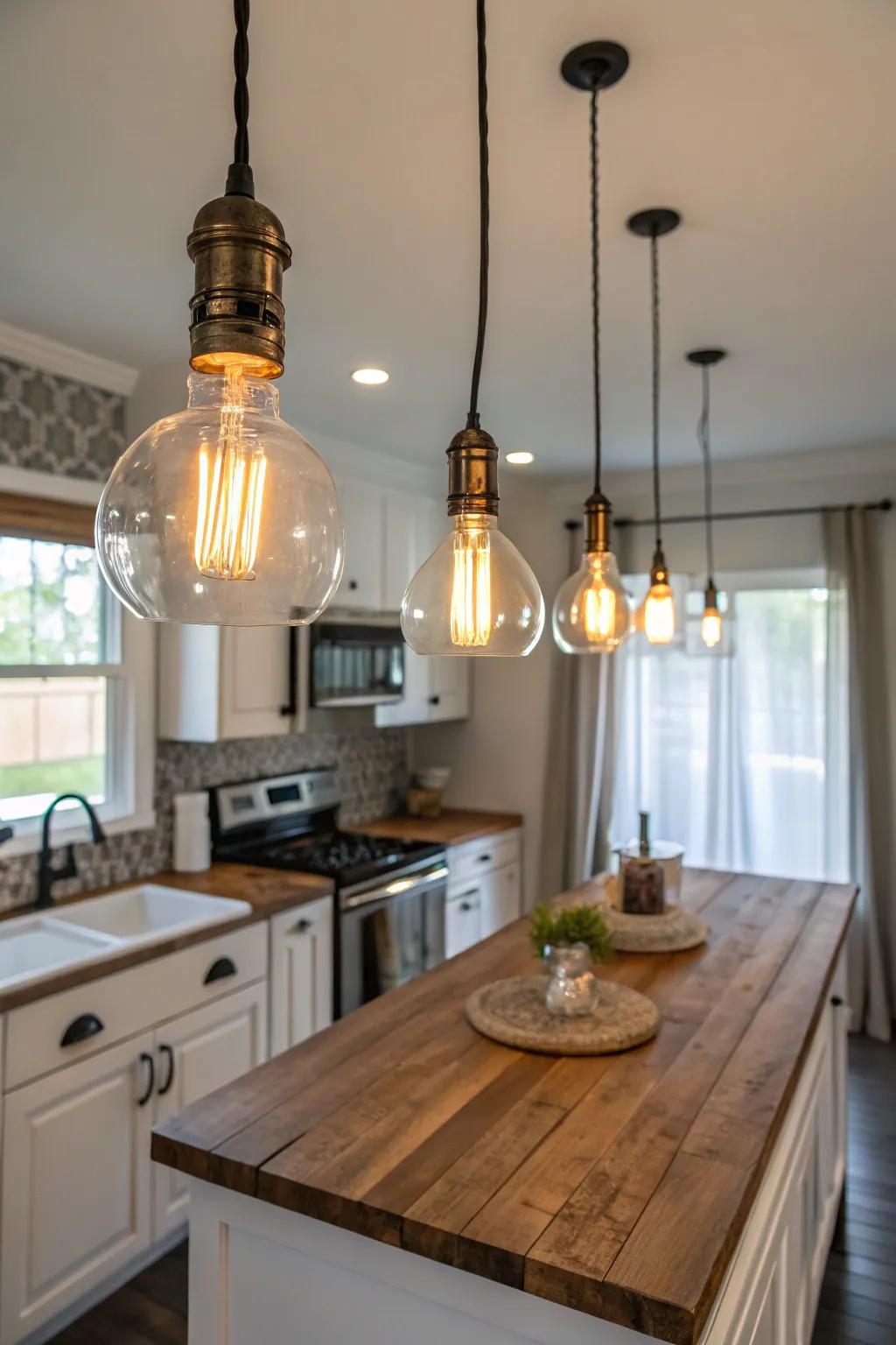 Filament bulbs cast a warm, vintage radiance in this kitchen.