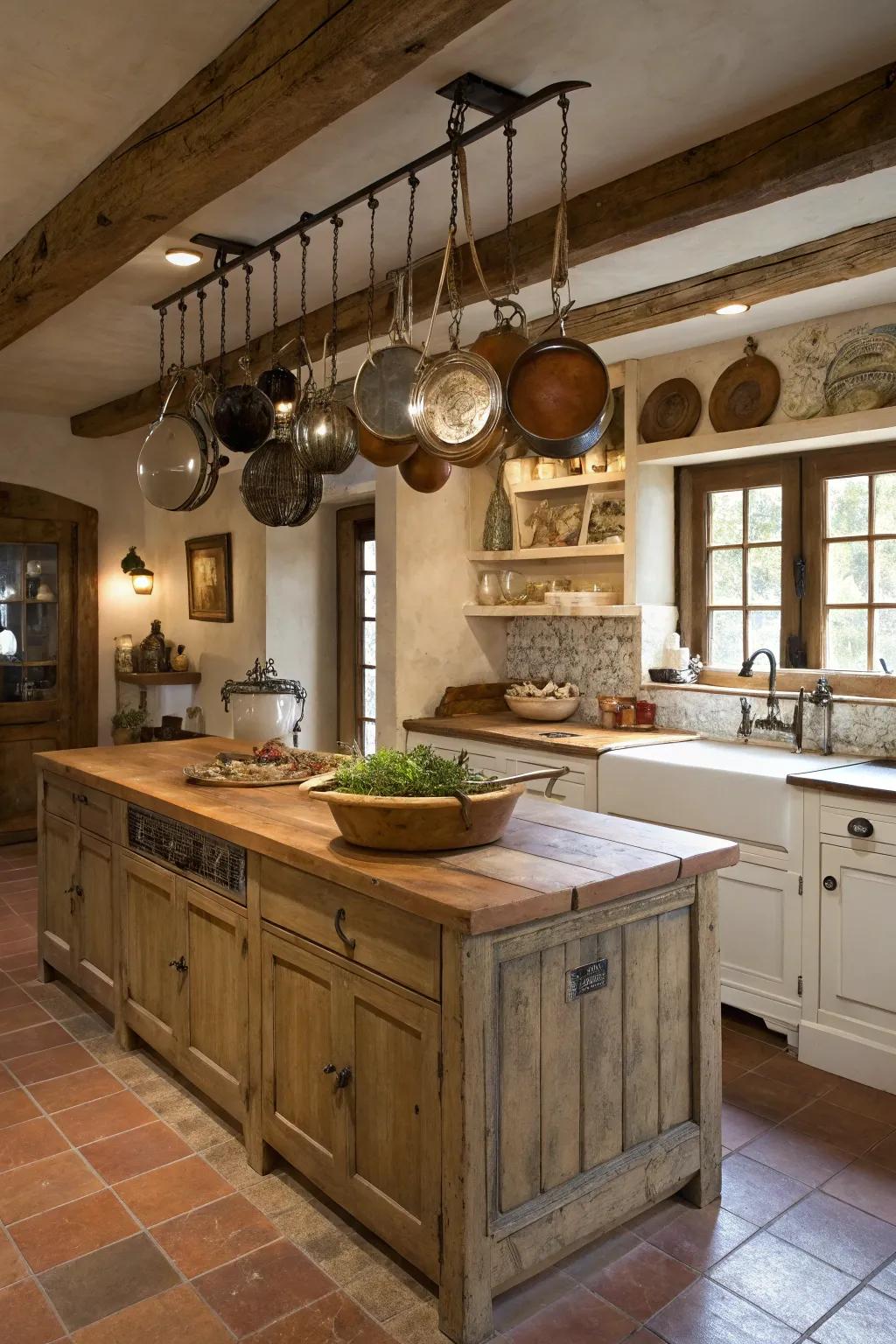 Hanging pots and cookware introduce a practical yet ornamental touch.