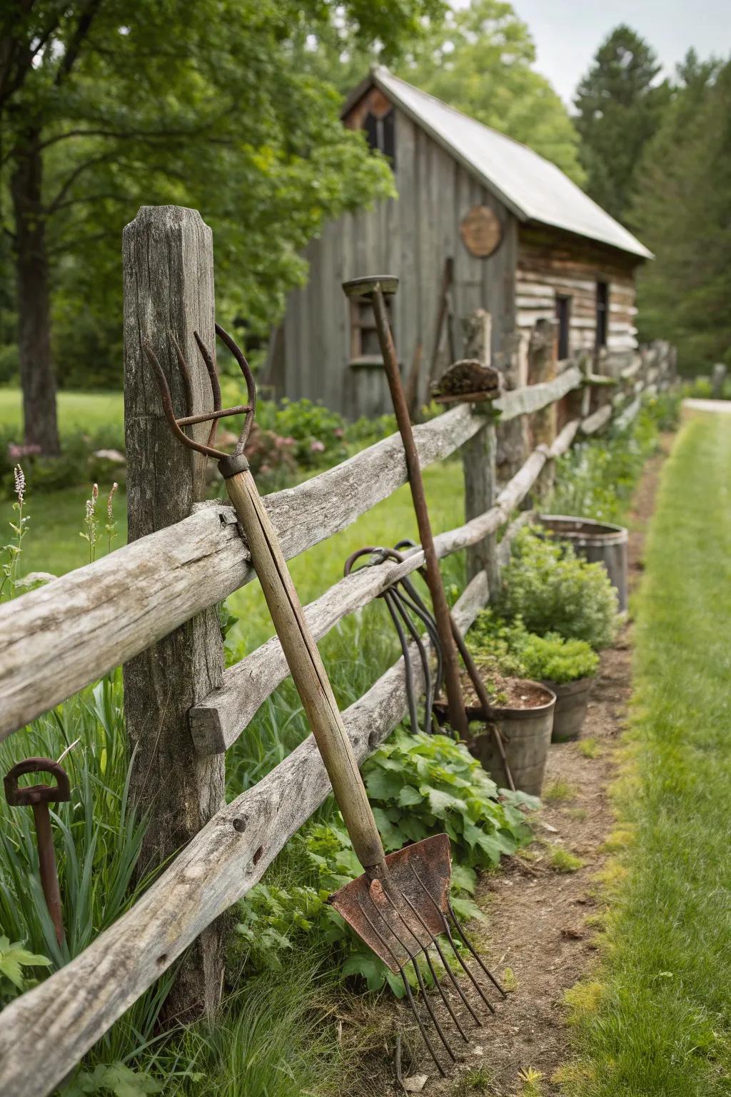 A vintage farmhouse style is achieved with a rail fence and antique decor.