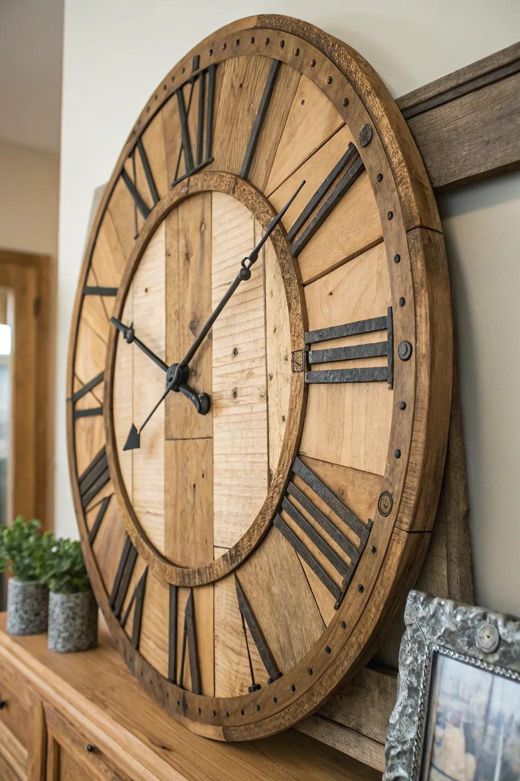 A country wall clock with upcycled timber details introduces charm and practicality.