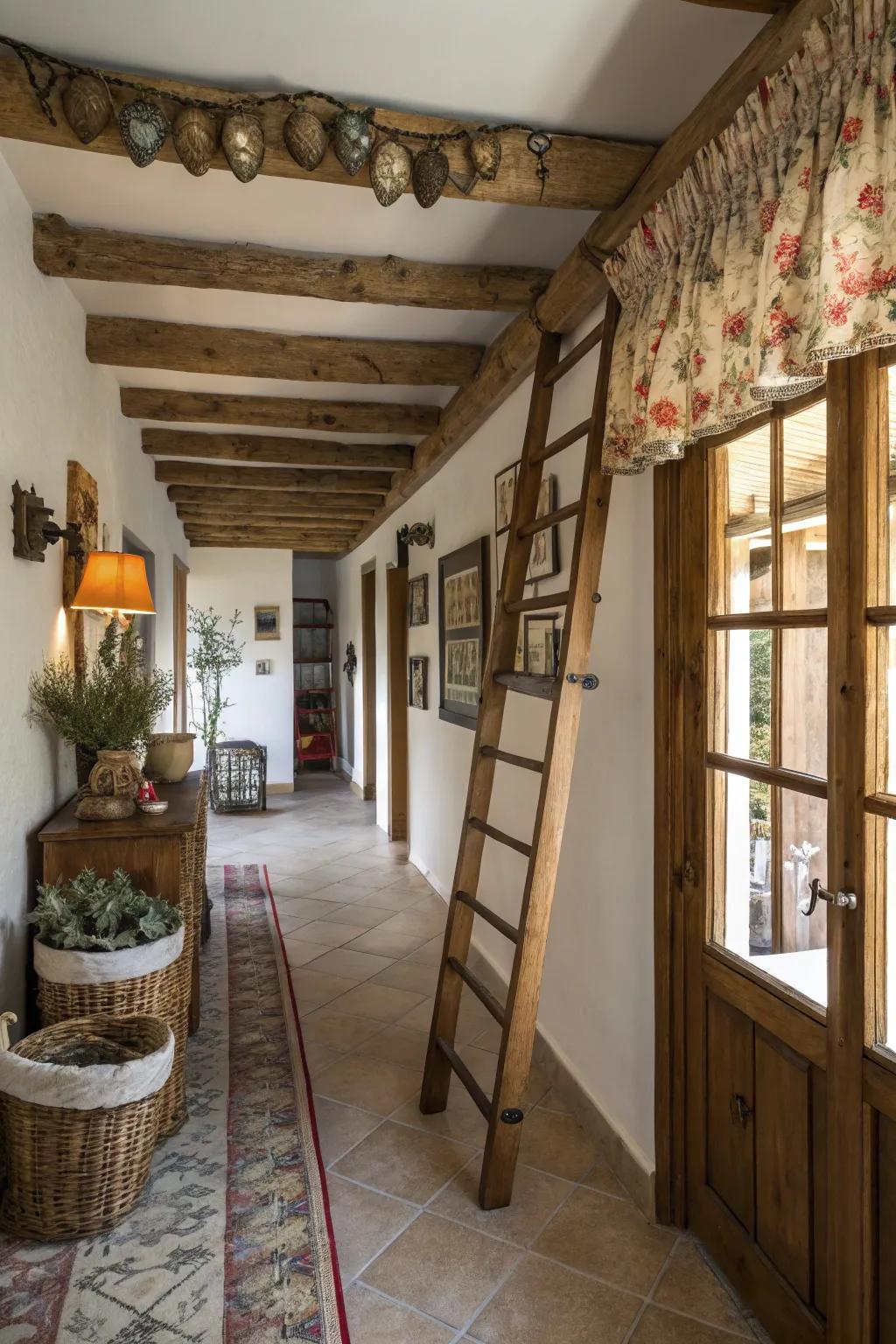 An eclectic hallway featuring a valance fashioned from a repurposed wooden ladder.