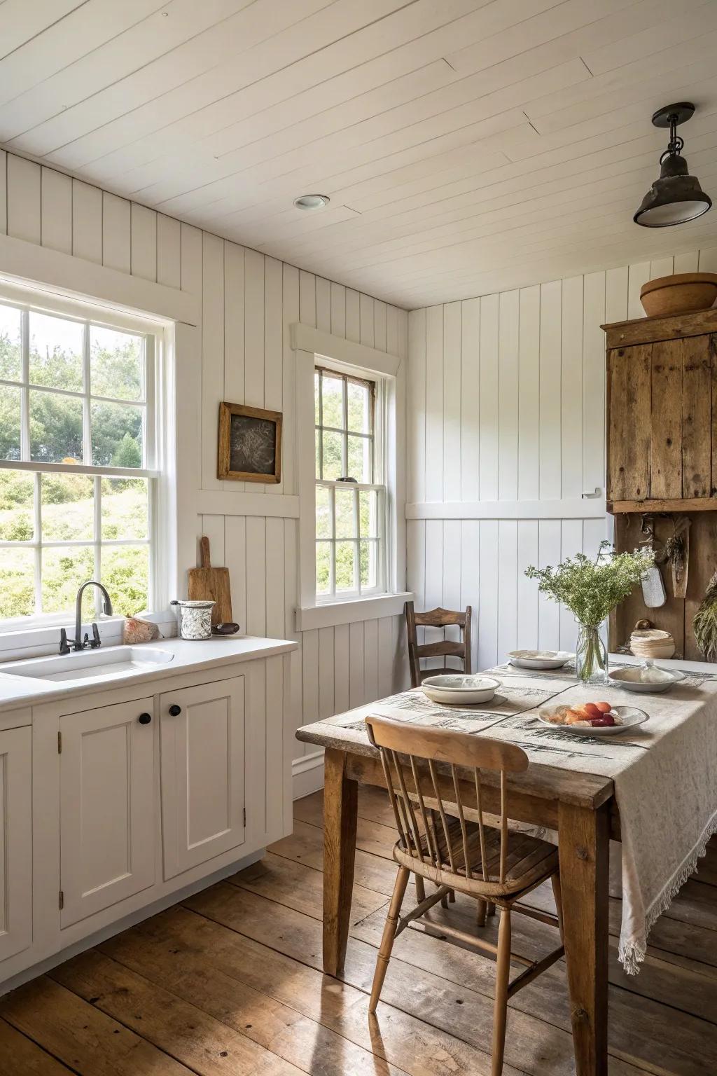 Whitewashed lumber paneling dispenses a luminous and airy farm dwelling fashion.