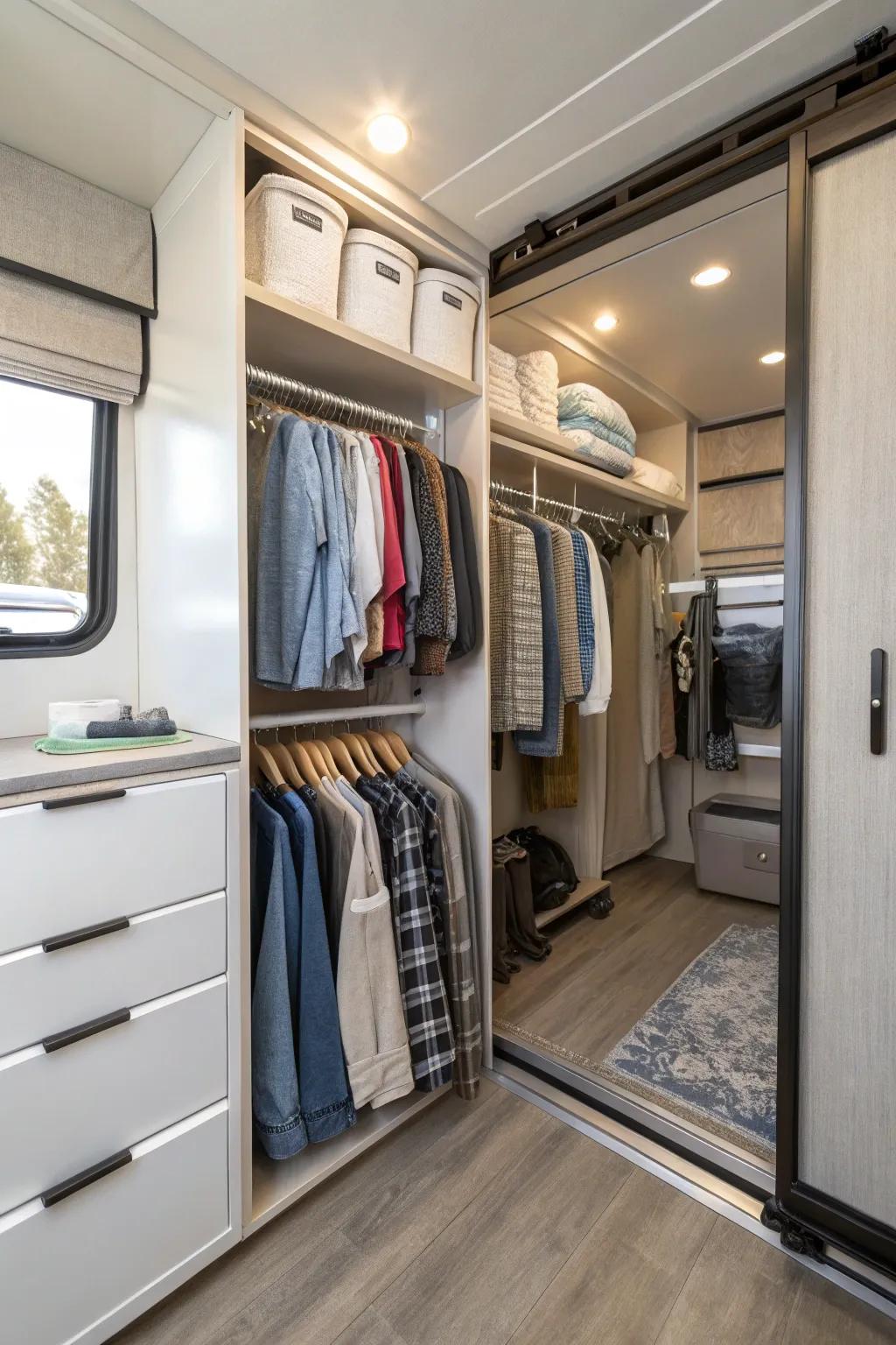 Swivel rods bring ease and accessibility to RV closet storage.