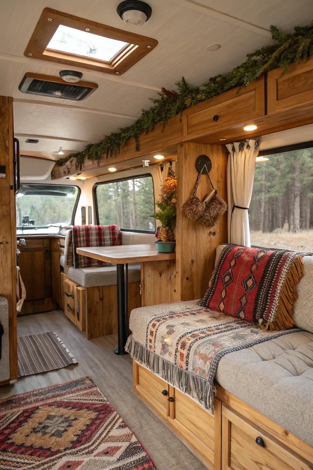 Rustic allure engenders an interior milieu within this recreational vehicle that is both intimate and accommodating.