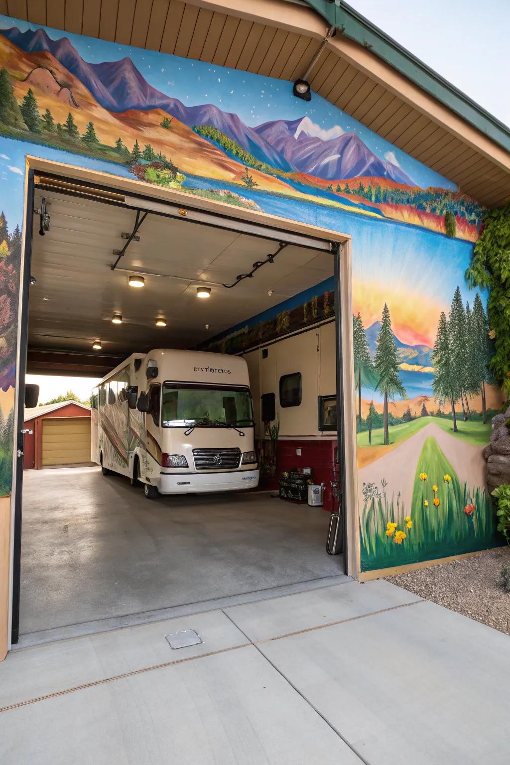 A signature touch added to an RV garage using artwork and wall paintings.
