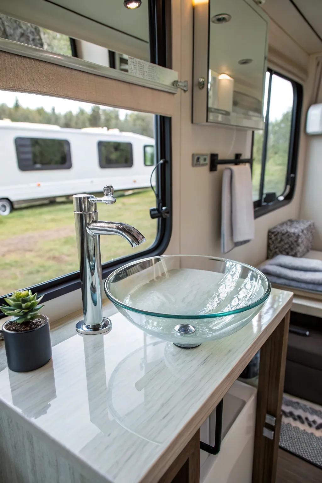 A glass basin supplying modern-day beauty to an RV restroom.