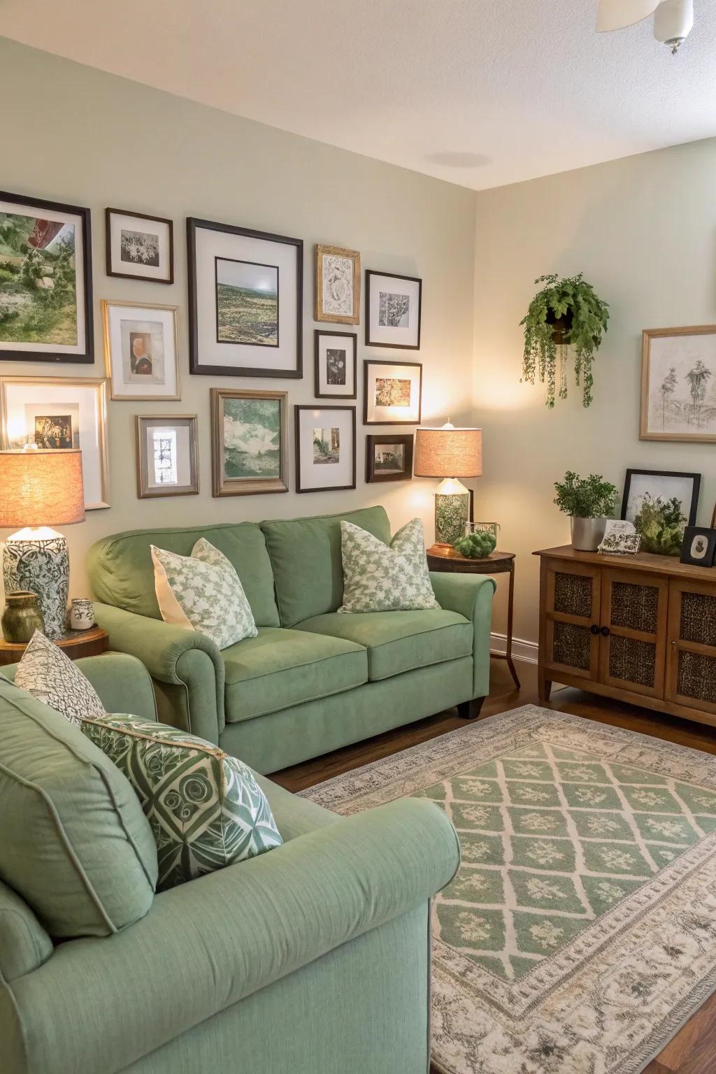 A gallery exhibit personalizes and invigorates a sage green living space.