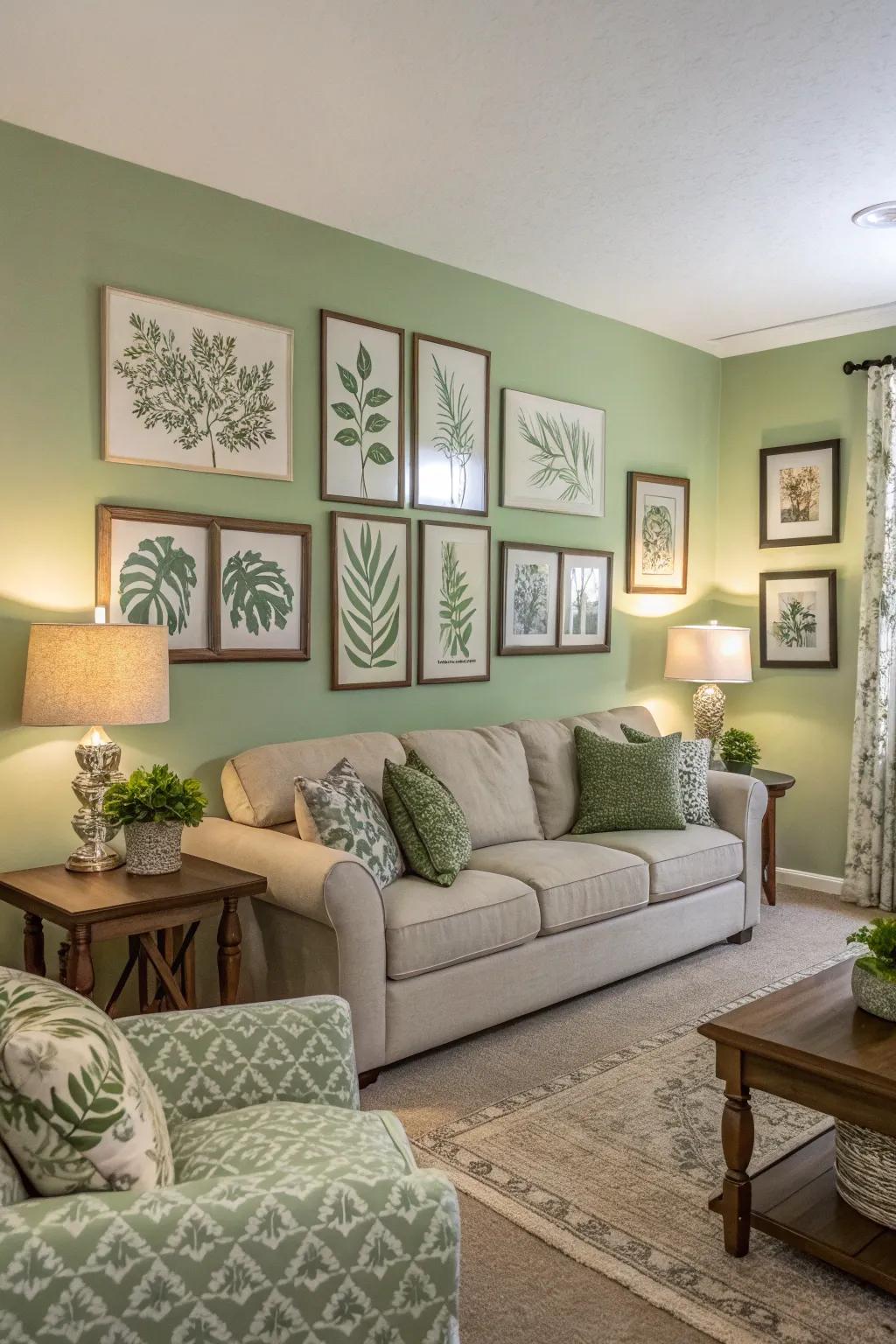 A living space where misty green wall imagery ties the decor together.
