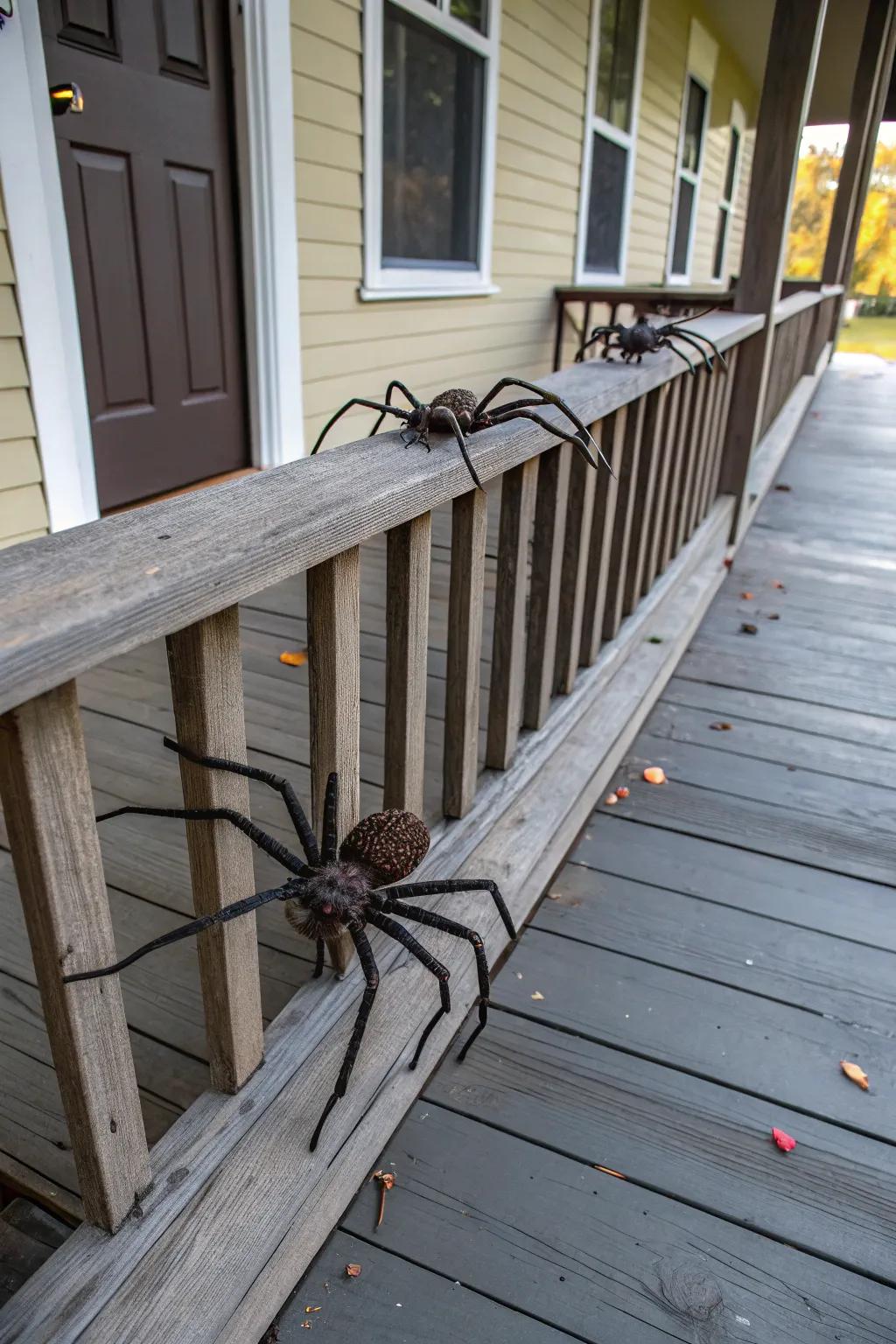 Giant spiders impart an unexpected dread to this Halloween veranda.
