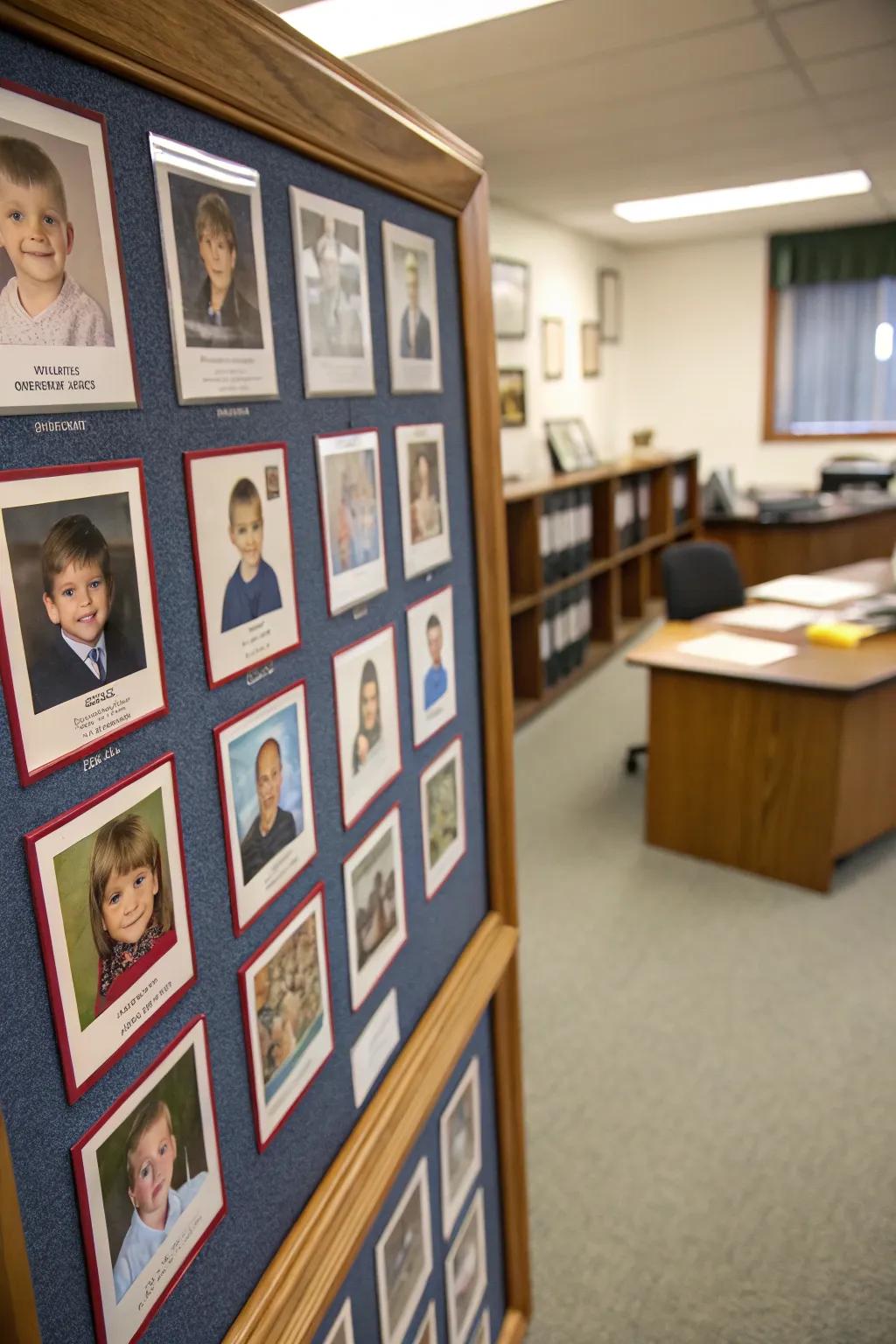 A yearly picture board of school photos.