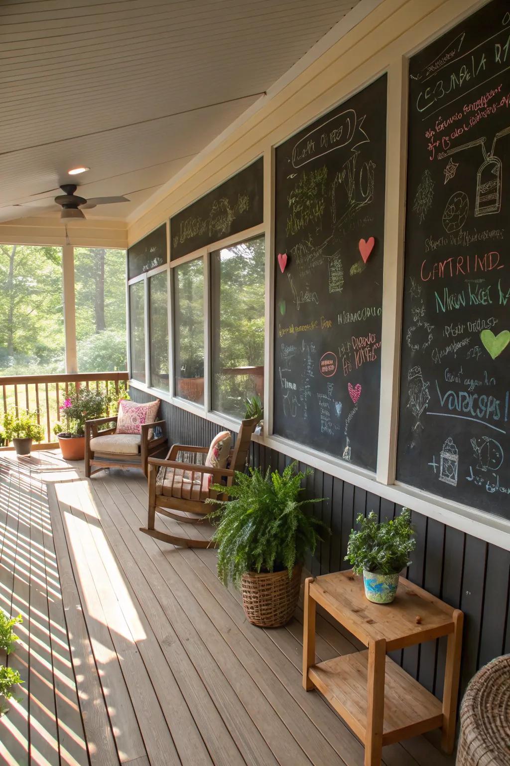 A slateboard wall adds a playful touch to the porch.