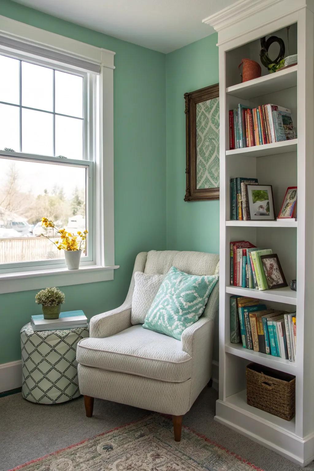 A cozy reading nook with soothing seafoam green walls.