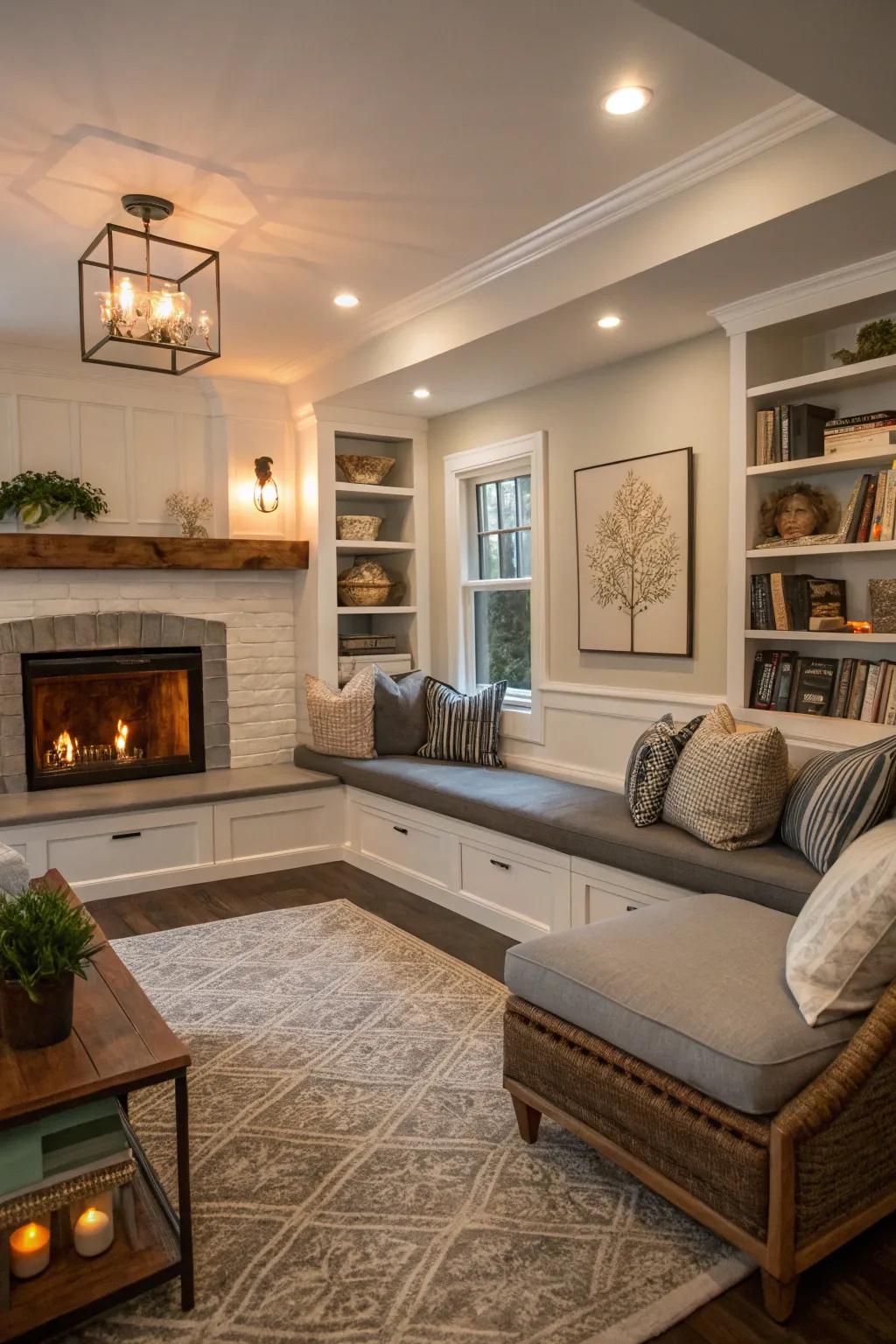 Attached benches offer a practical and stylish seating solution around the hearth.