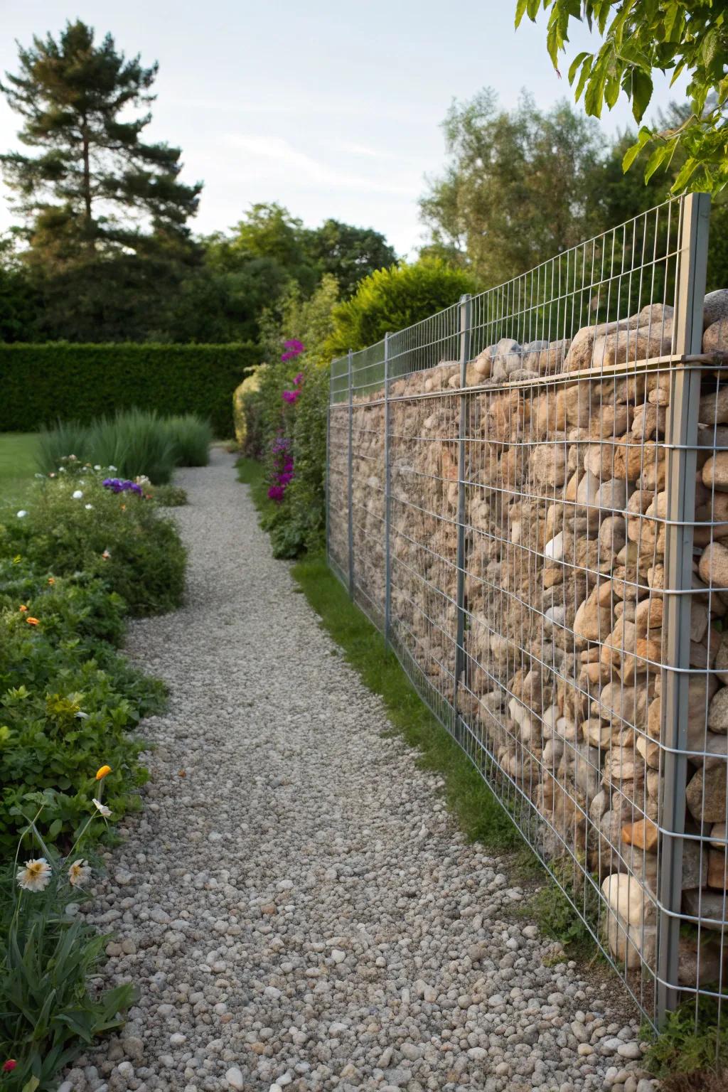Stonewall structures deliver a natural, textured barrier within this scenic garden landscape.
