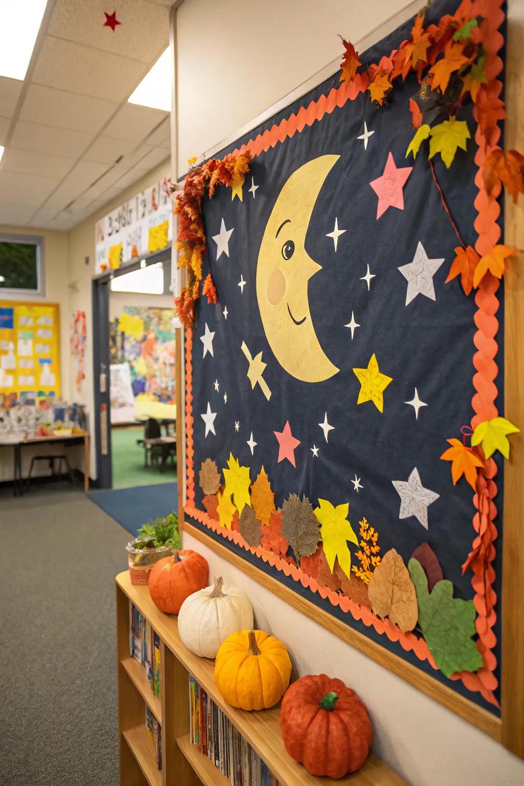 A harvest moon-themed bulletin board displaying celestial components.