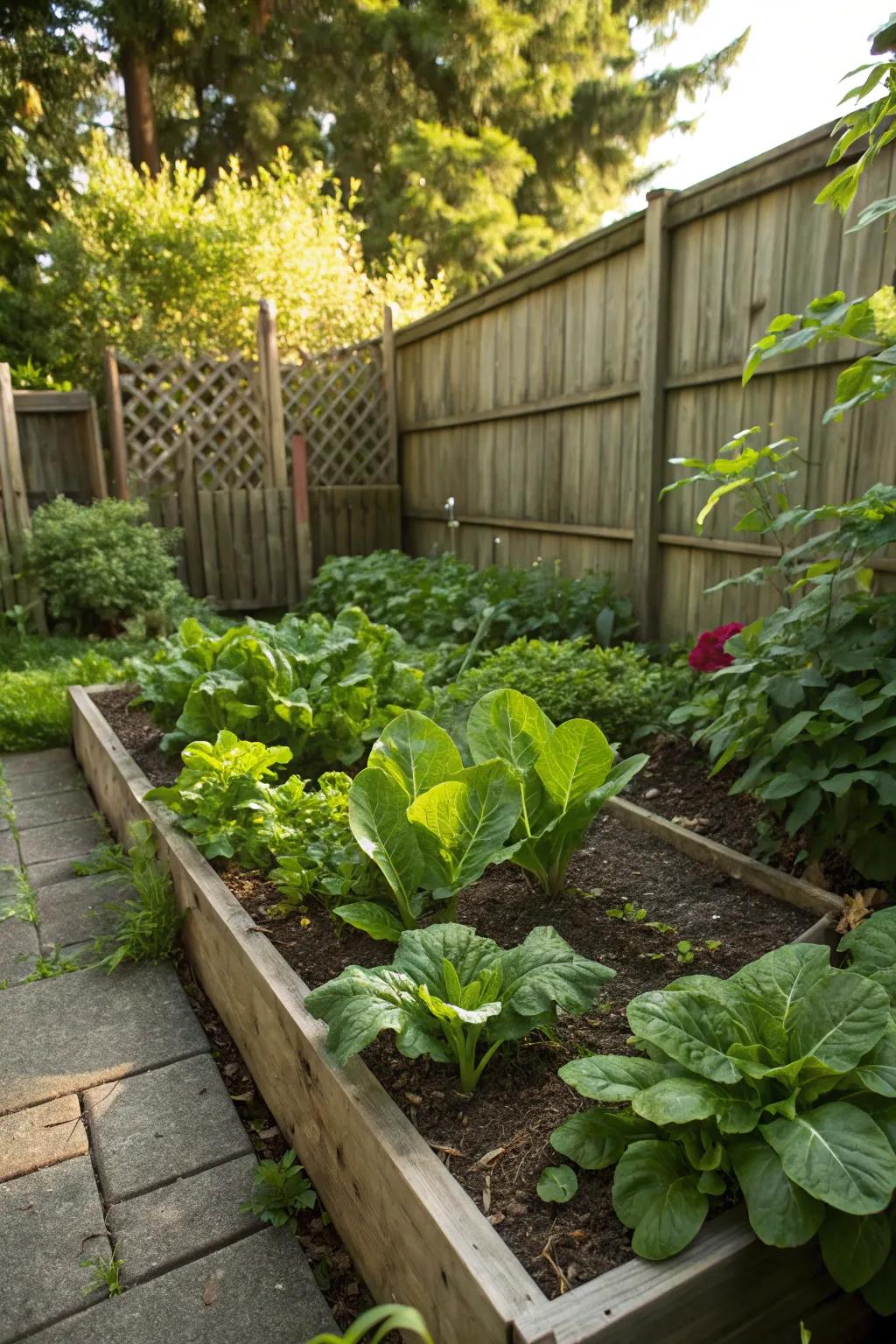 A vegetable plot flourishes even in the shade with the appropriate flora.