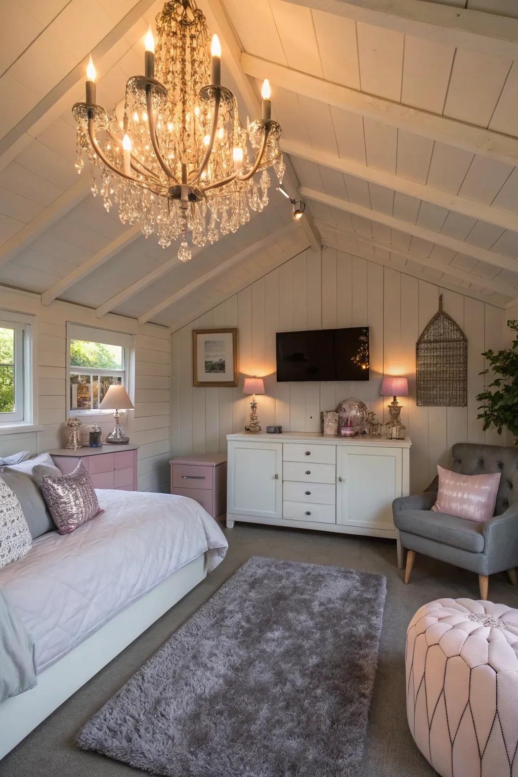 A chandelier elevates your shed bedroom with an elegant touch.