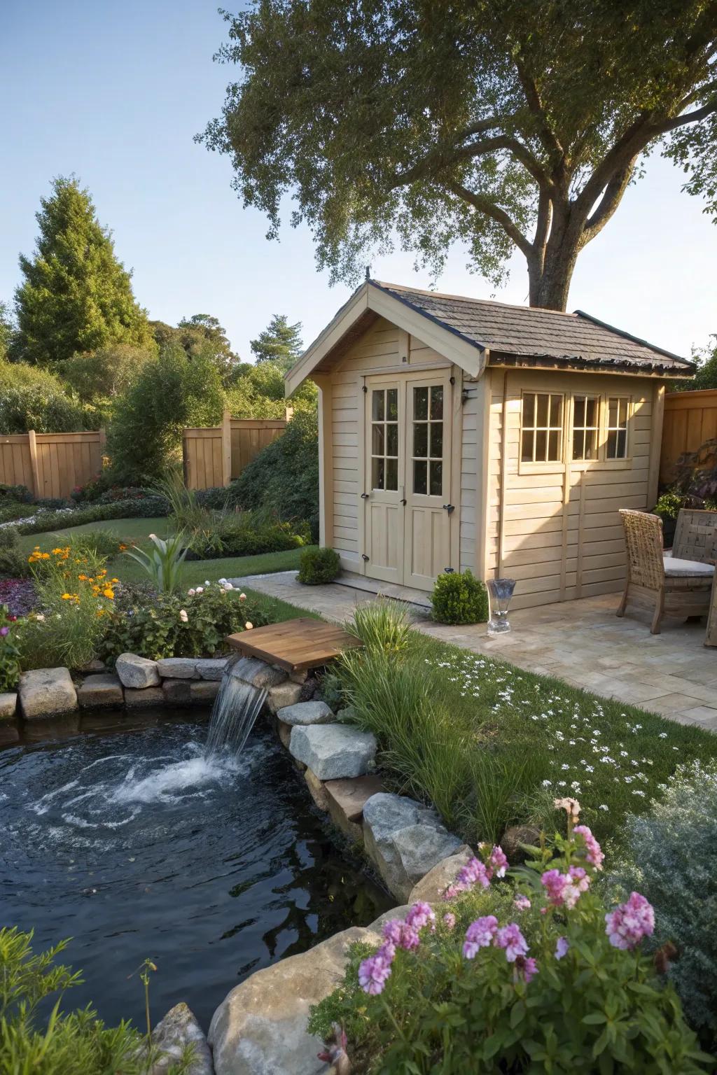 A yard outbuilding featuring a calming water feature for added calmness.