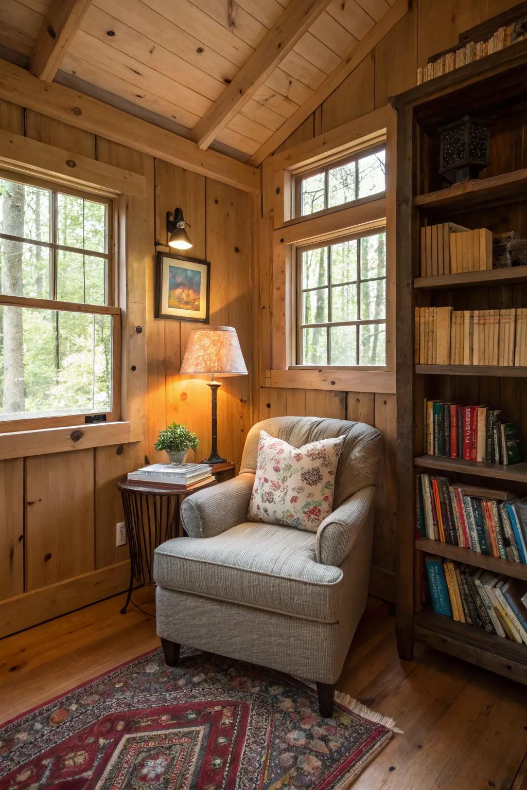 A placid reading alcove in a shed dwelling, impeccable for relaxation.