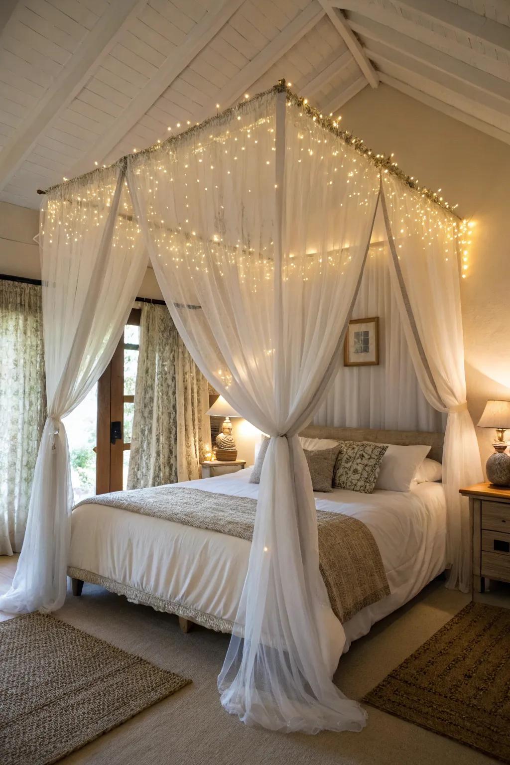A whimsical sleeping canopy composed of fine drapes incorporates a cozy, magical detail into the sleeping chamber.