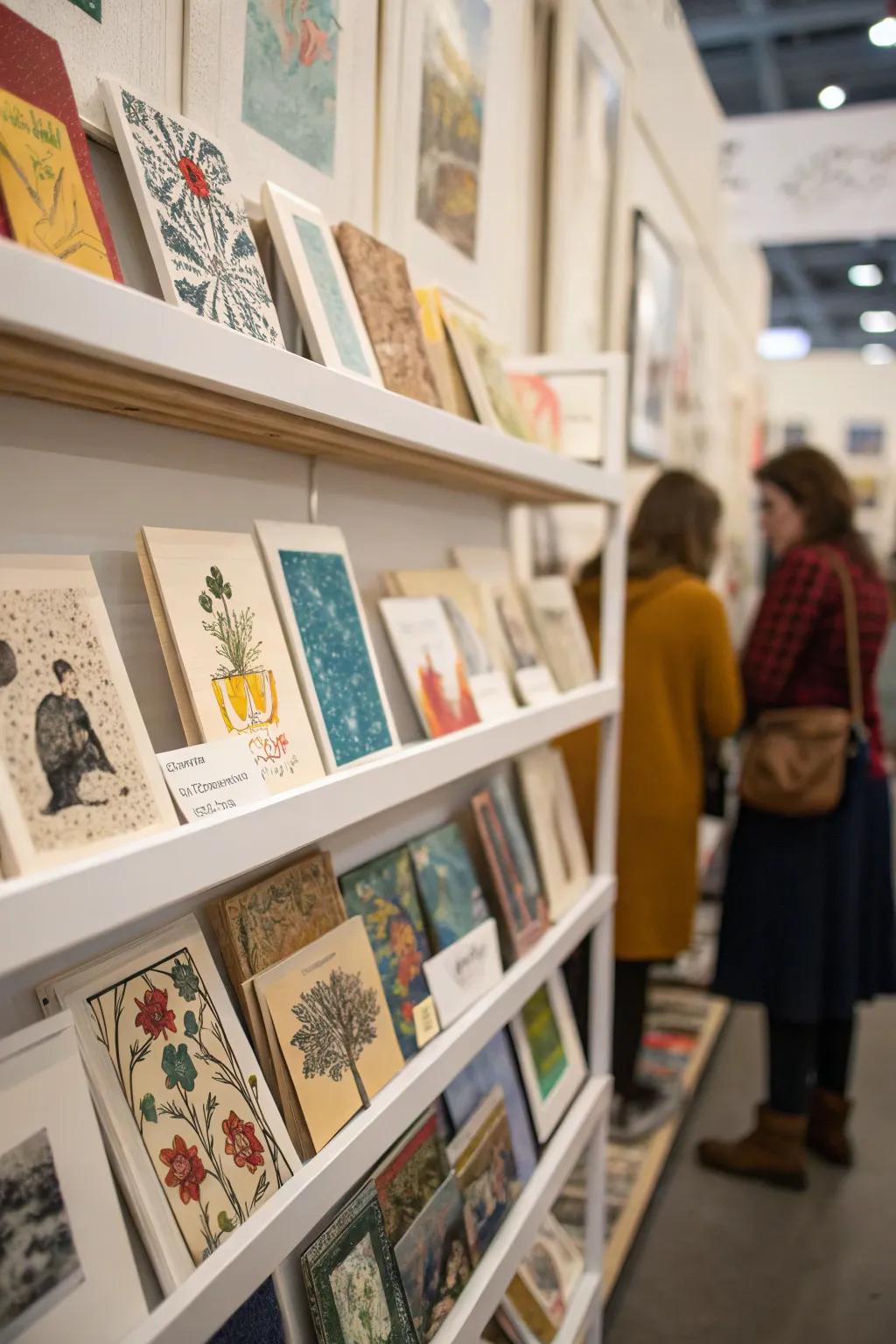 A collection of artworks turns the shelf into a mini showcase.