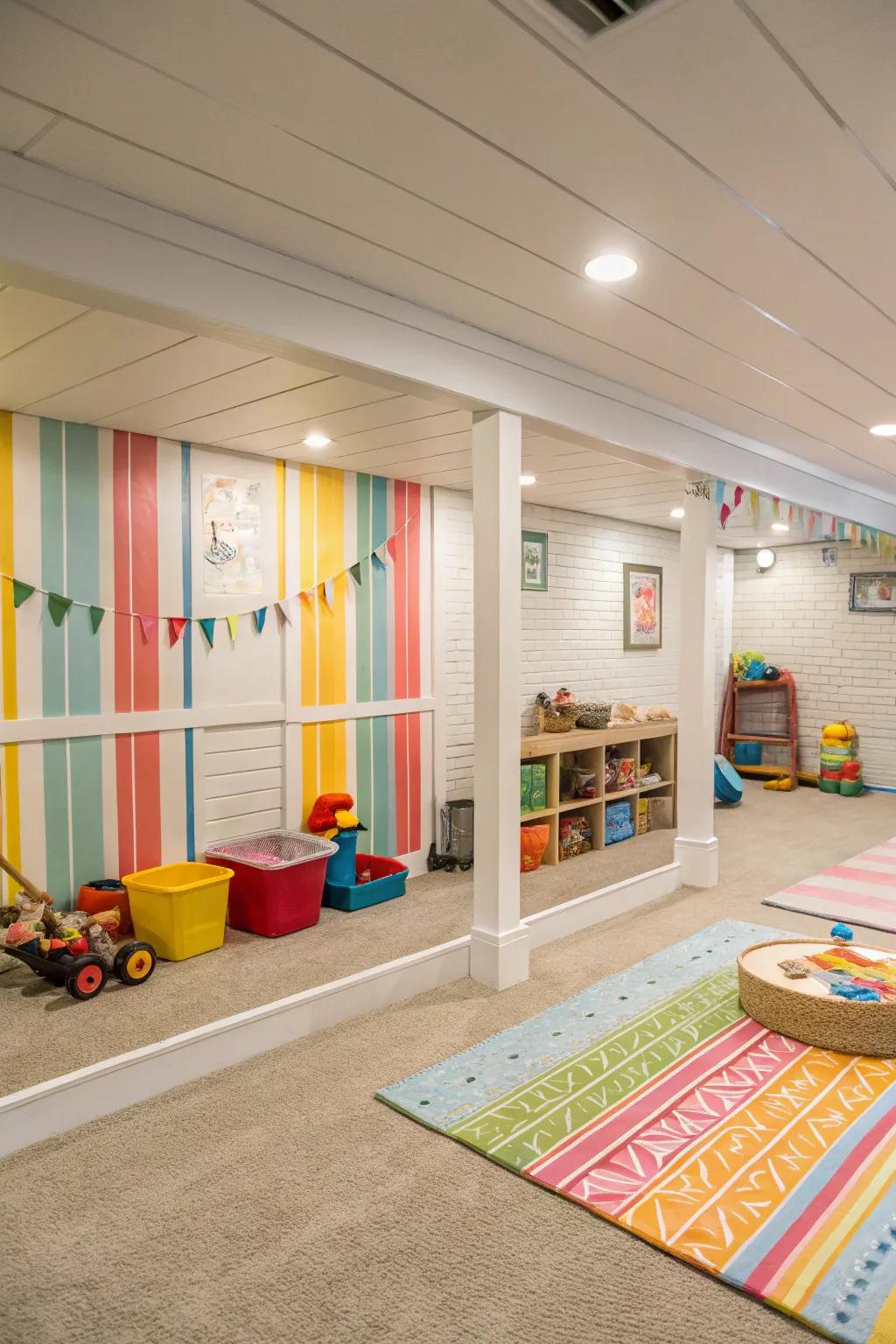 A playful kids' area in the basement featuring colorful board and batten walls.