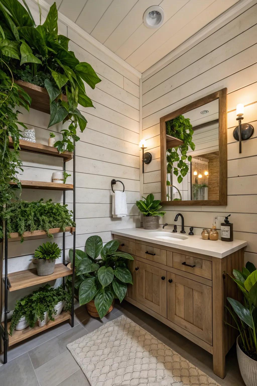 A bathroom with panel walls enhanced by vibrant greenery.