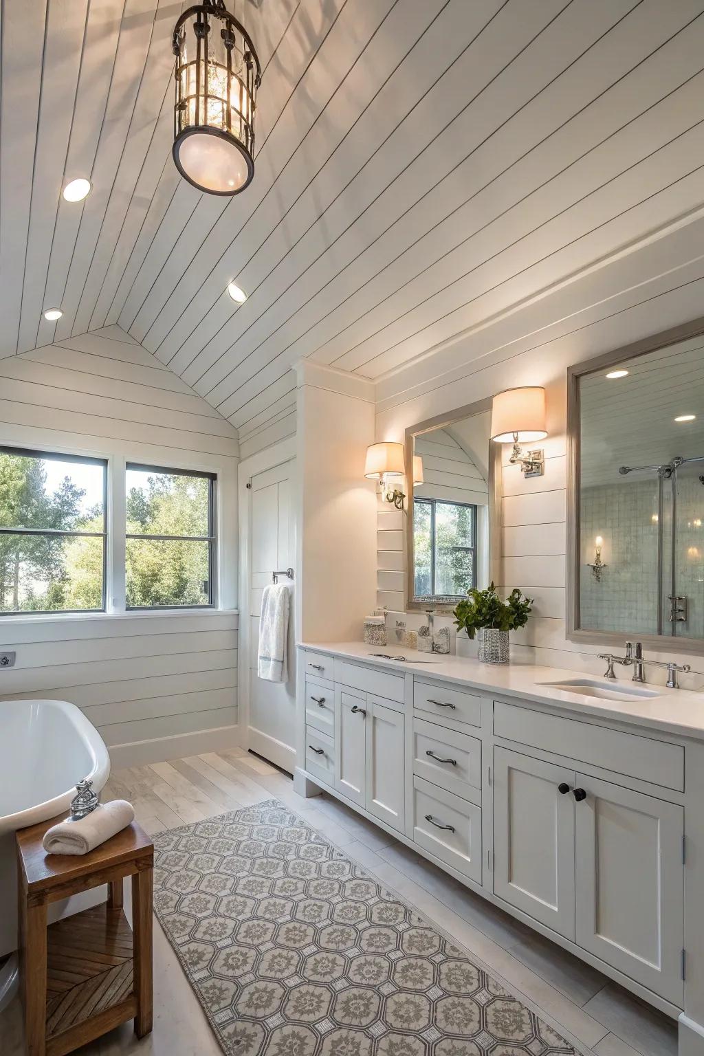 An unusual yet stylish plank ceiling in a bathroom.