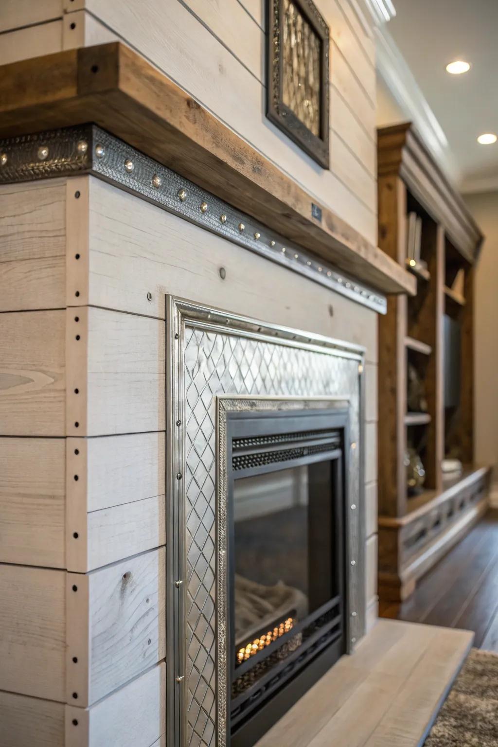 Blended surfaces, including metal and wood, add dimension to the shiplap fireplace.