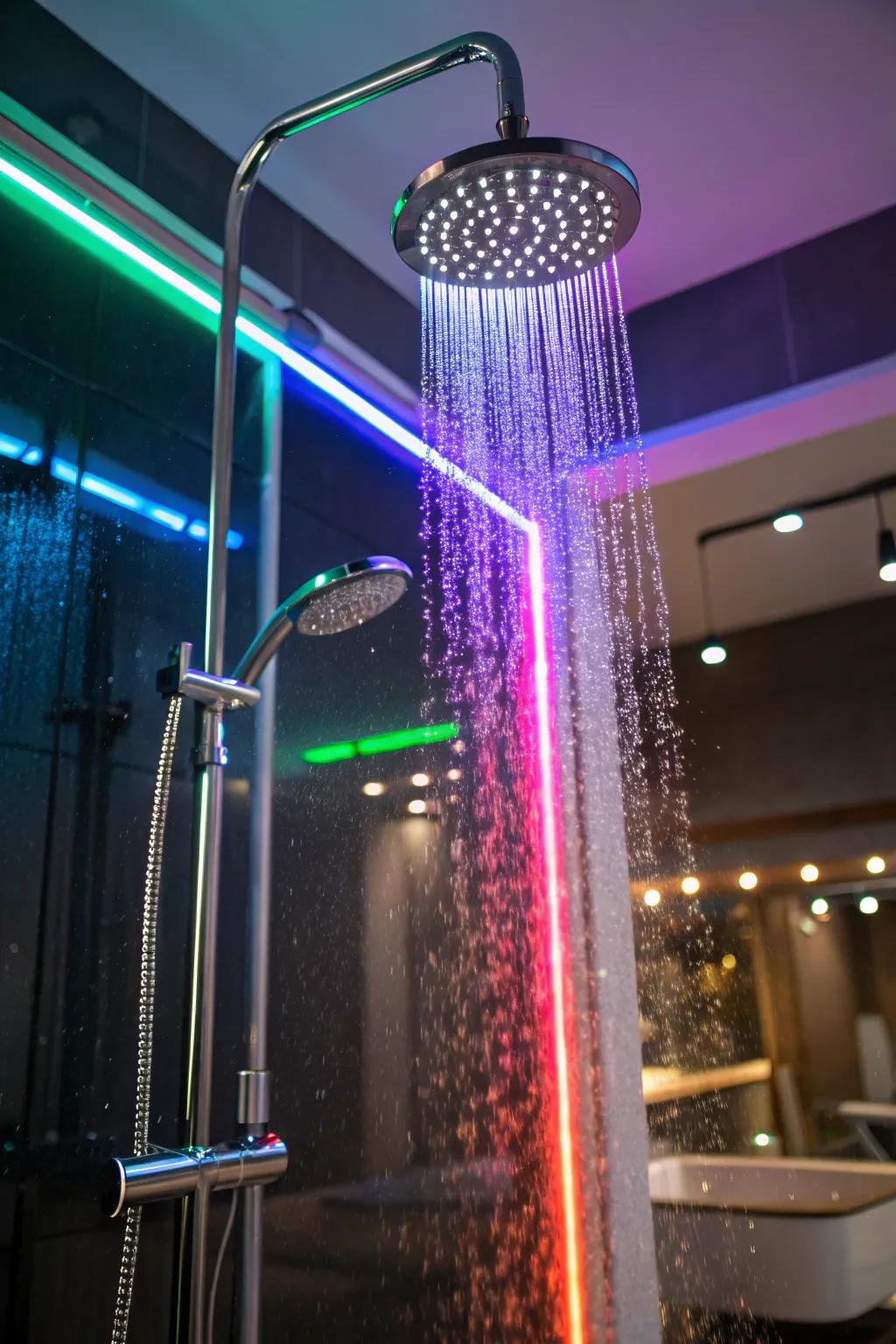 A shower illuminated with LED strips and spotlights.
