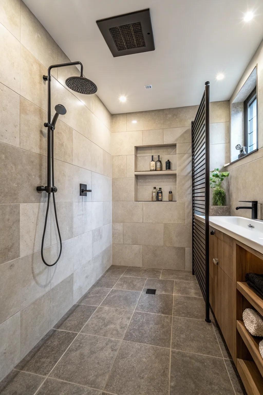 This wet room design delivers an opulent and versatile bathroom venture.