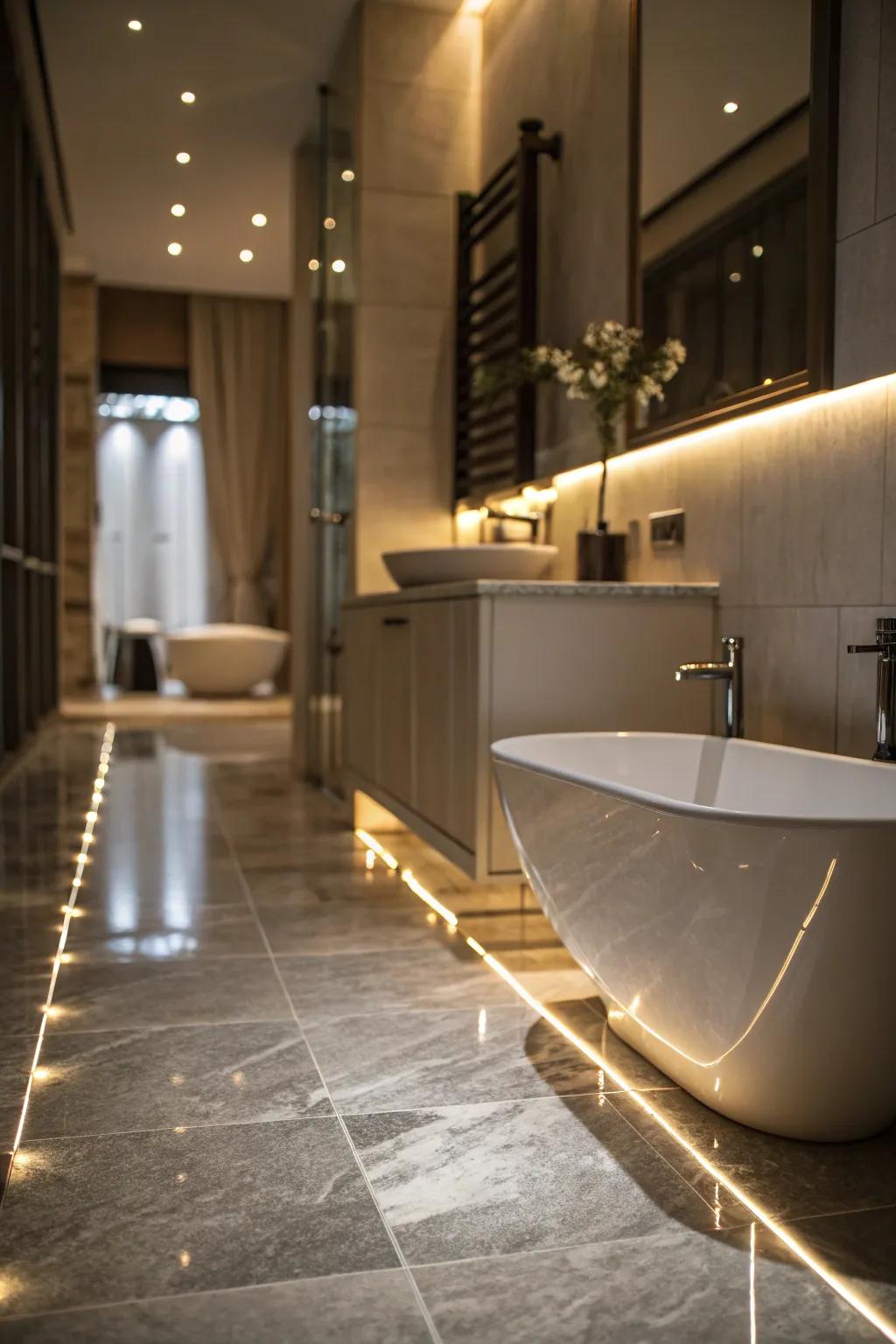 Floor lights add a showy vibe and show you the way in your shower.