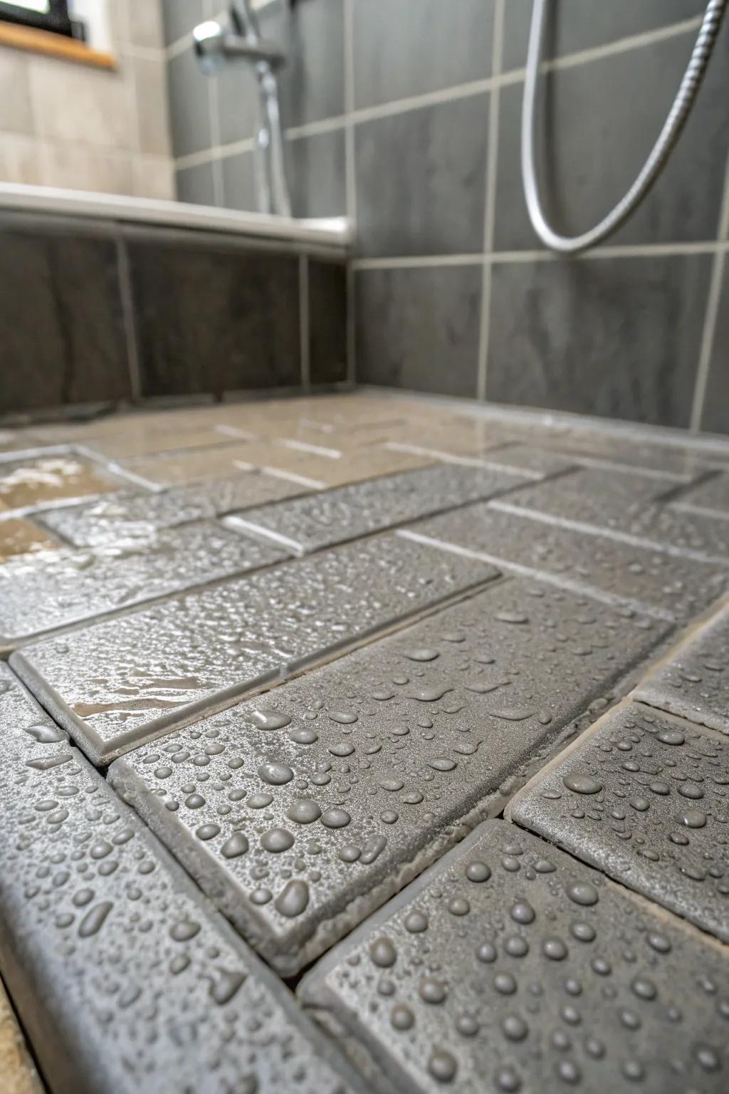 Tiles with an industrial cement appearance give this shower base a modern and minimalist edge.
