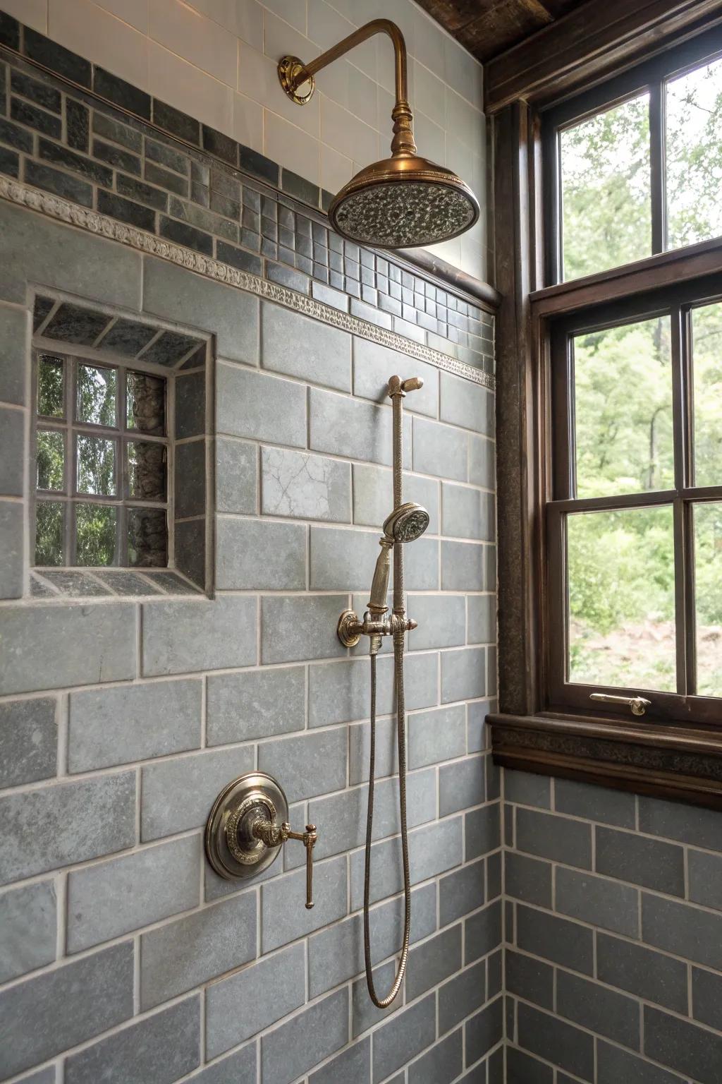 Retro traces incorporating charm to a pewter tone tiled bathing space.