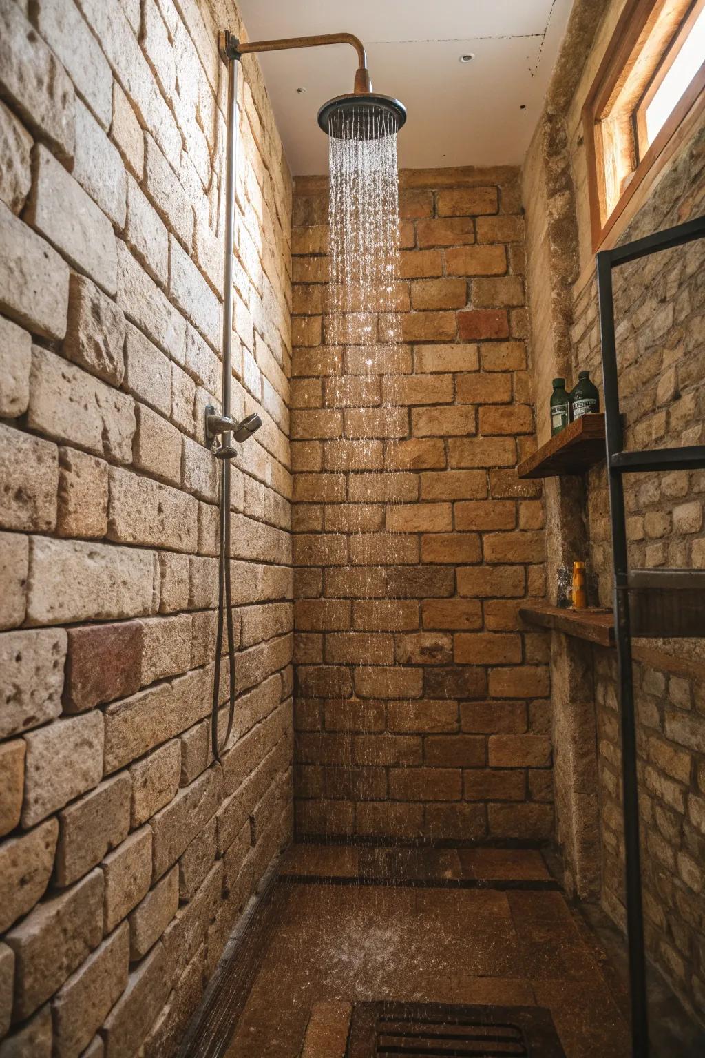 Brick tiles contribute a rustic and comfortable impression to the shower.