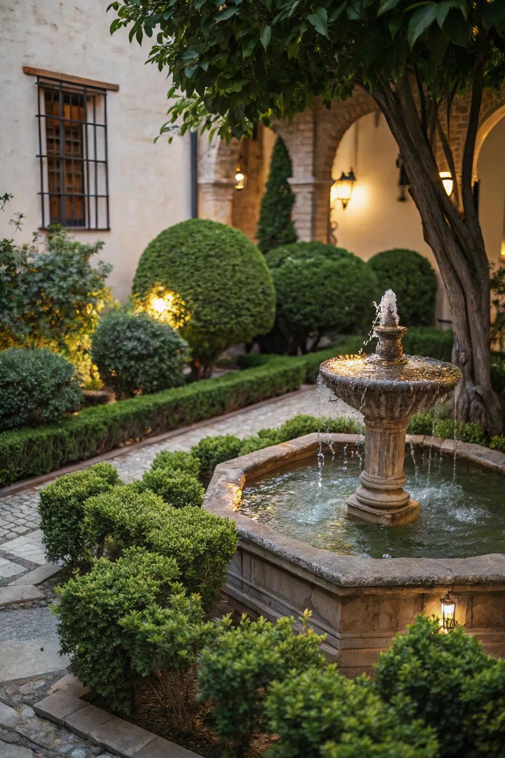 Shrubs beautifully frame a water feature, adding tranquility to the garden.