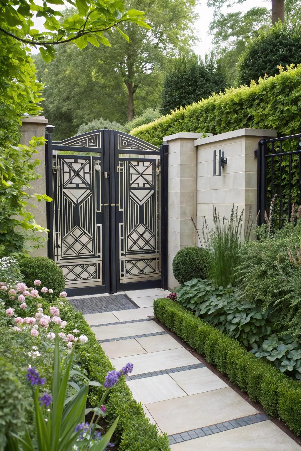 An Art Deco gate adding vintage glamour.