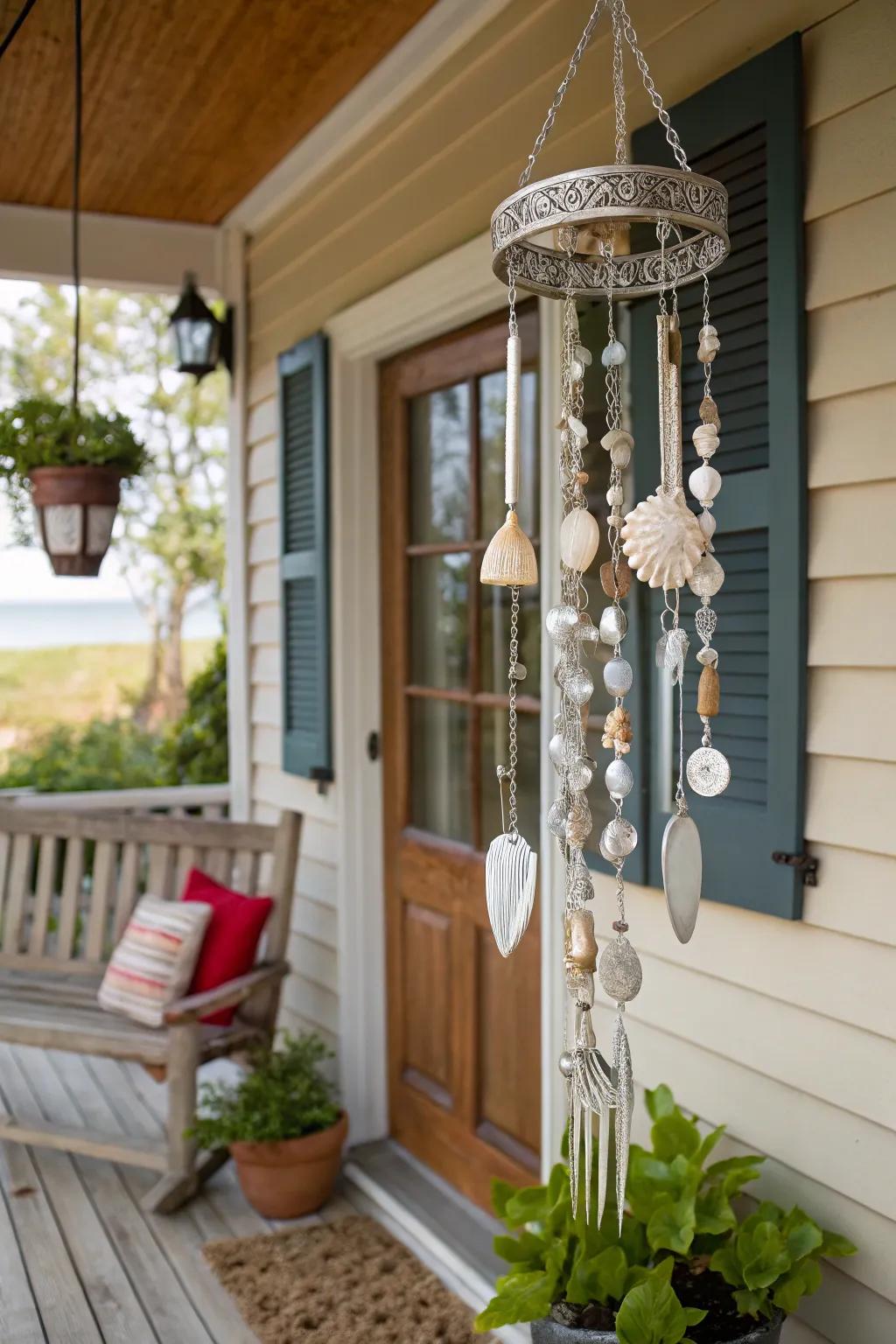 Oceanside shells and silverware bring a coastal breeze to this chime.