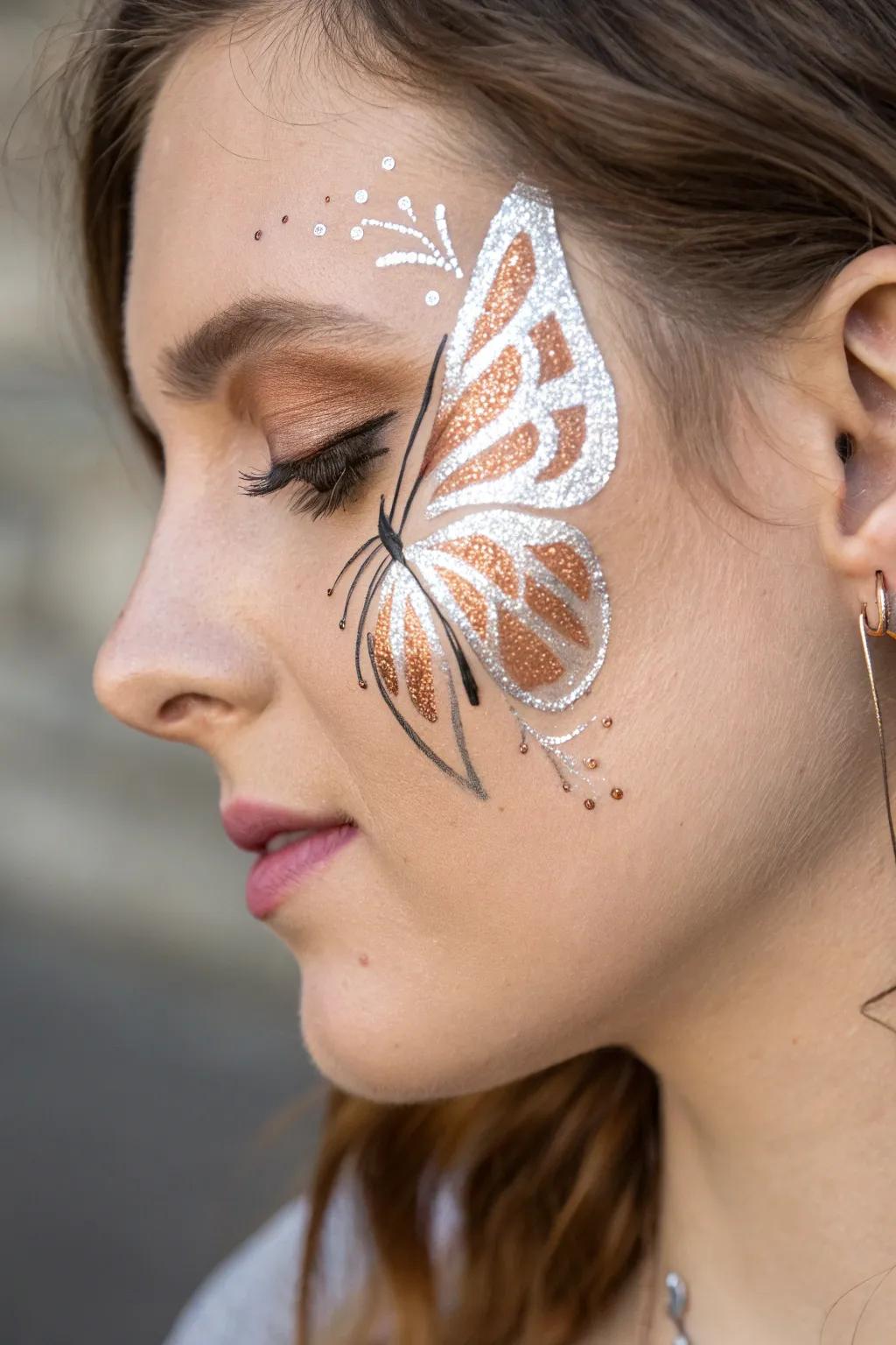 Show the magic of shimmering shades with this stunning butterfly visage art, where simplicity meets ethereal shine.