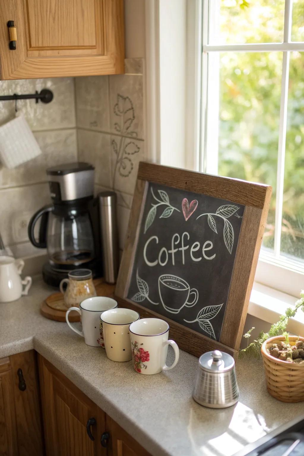 Kitchen corner chalkboard featuring a coffee-inspired quote.