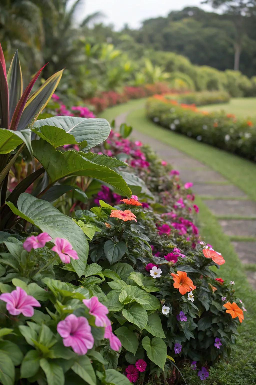 Tropical flora and vibrant blooms contribute an exotic sensation to this flower bed.