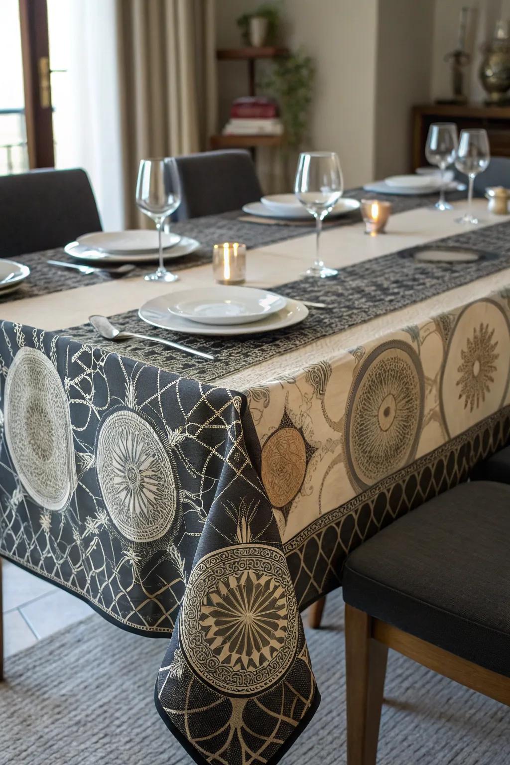 Fractal-printed textile incorporates sophistication and visual interest to a dining area.