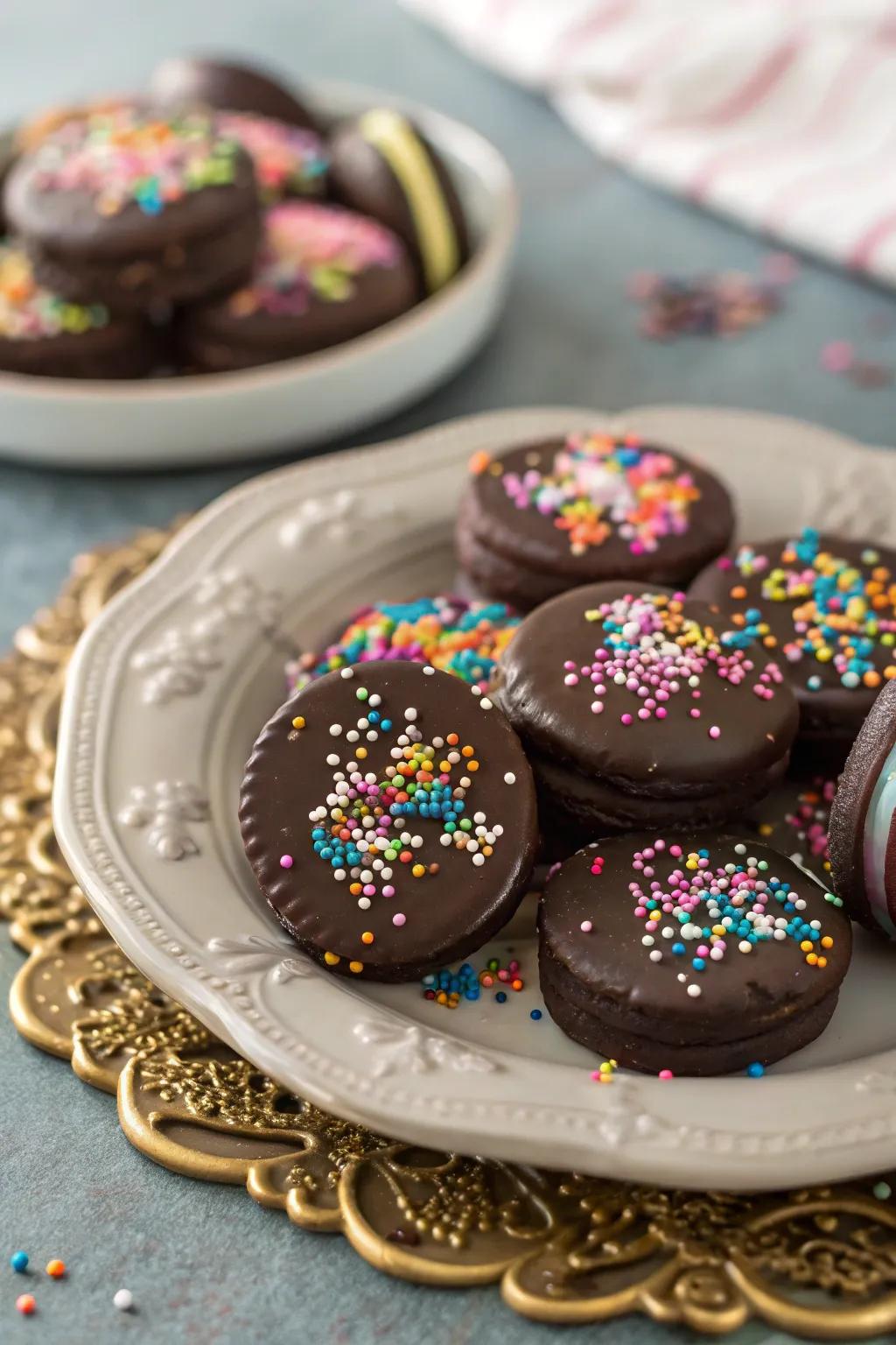Delicious chocolate-enclosed sandwich cookies, a simple and delightful treat.