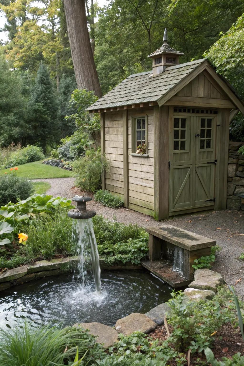 A water element infuses tranquility and grace into your shed's landscape.
