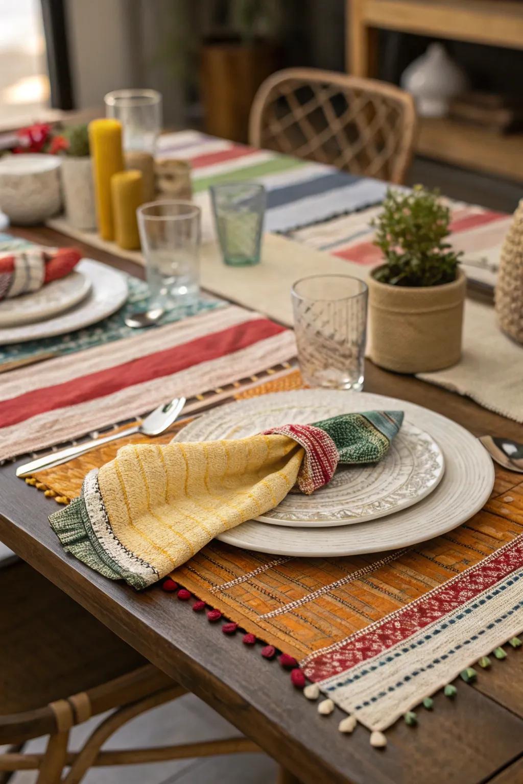 The table is made richer and deeper by the layered textiles.