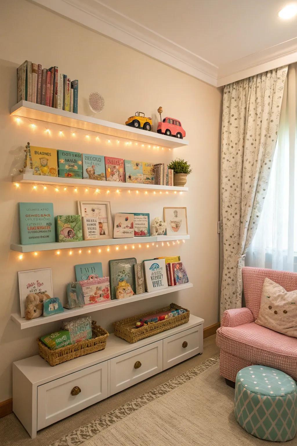 Shelving furnishes practical storage and showcase opportunities.