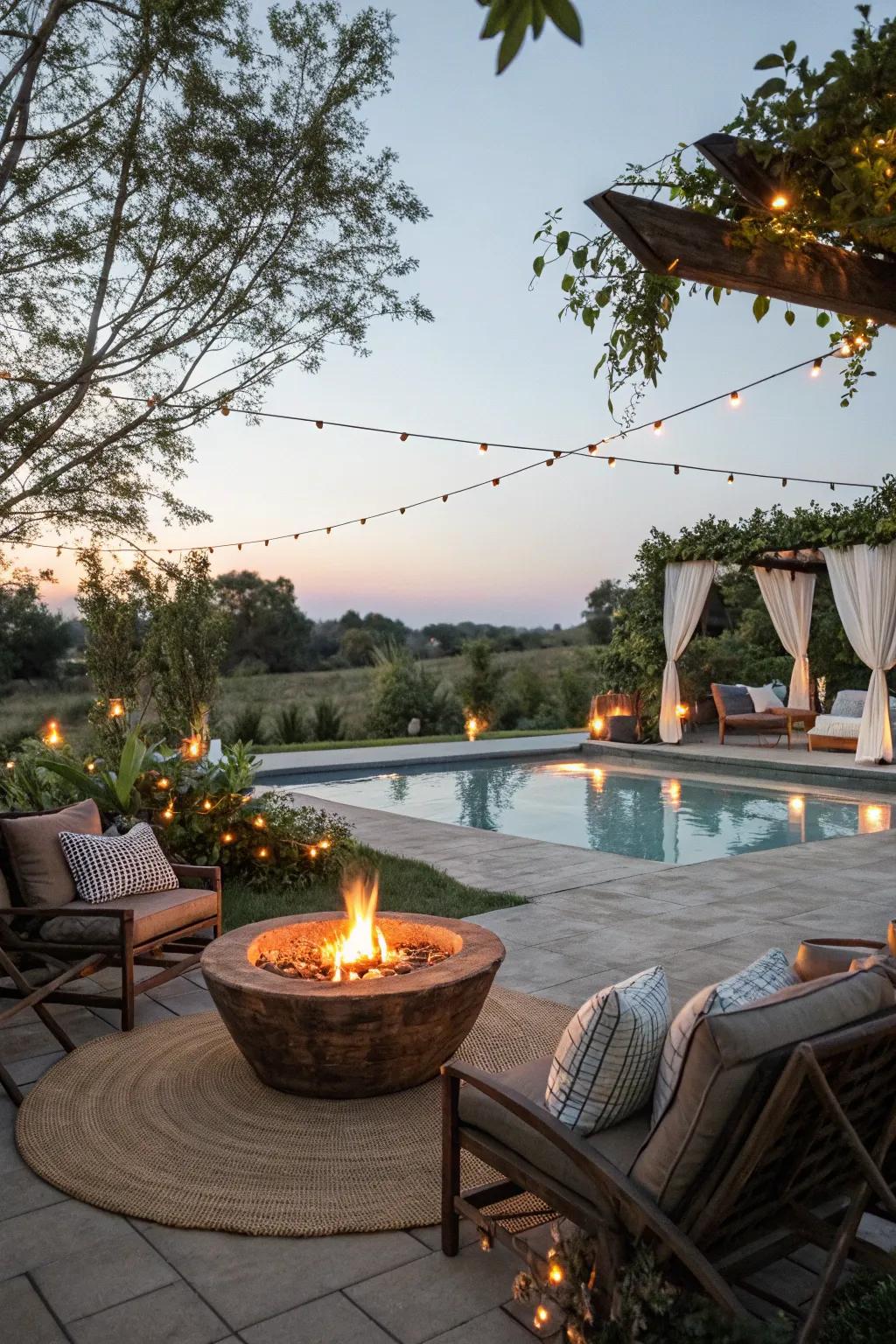 A cozy fire bowl enhancing warmth and social connections beside the pool.