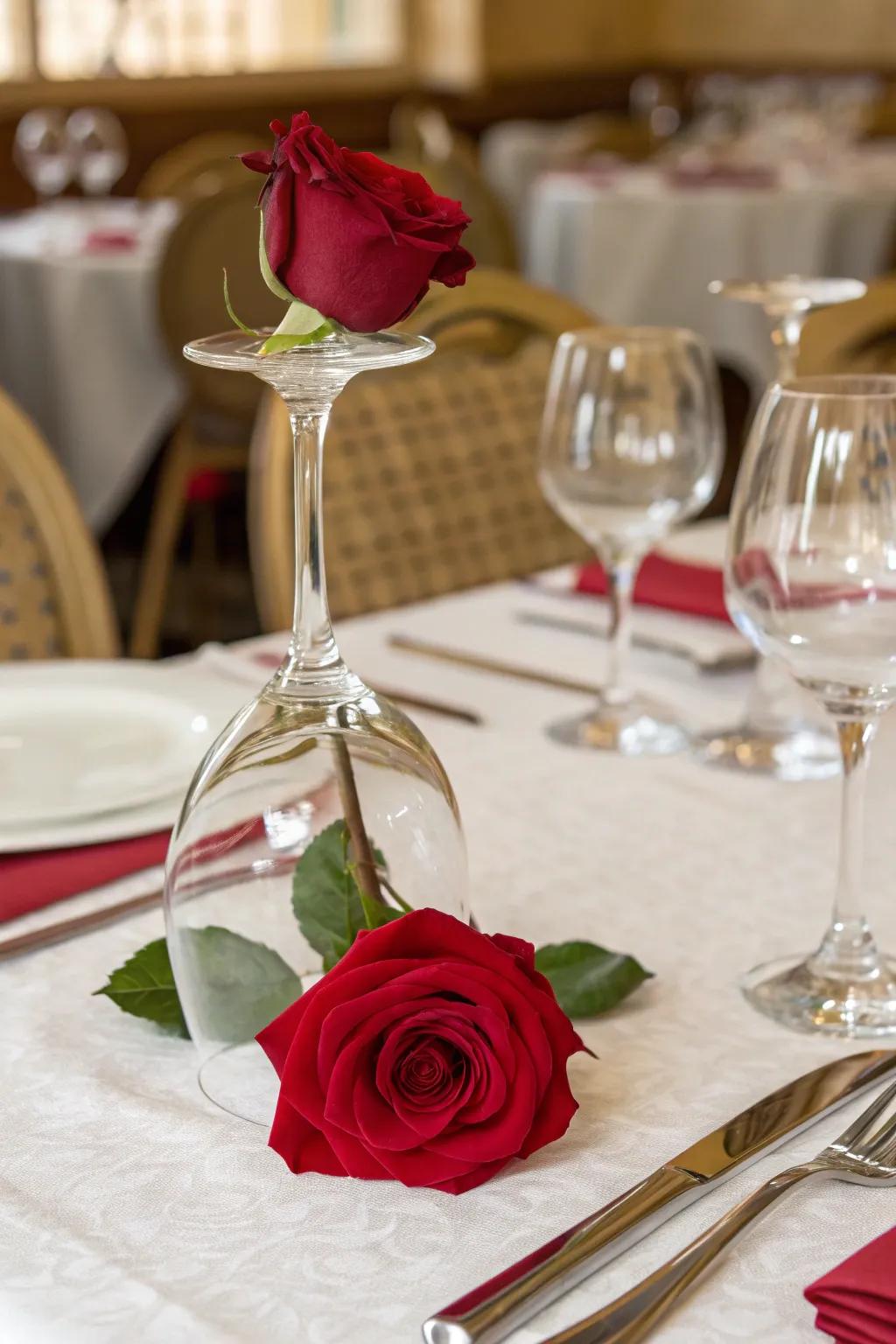 An inverted wine goblet acts as a unique vessel for a rose.