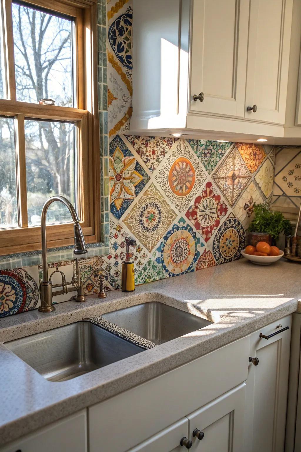 Artistic mosaic tiles form a distinctive and captivating kitchen backdrop.